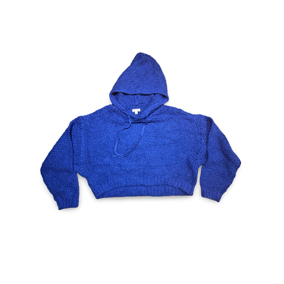 Pilcro Blue Chunky Knit Cropped Hoodie Sweater Size Small Cozy Oversized Fit - Picture 4 of 5